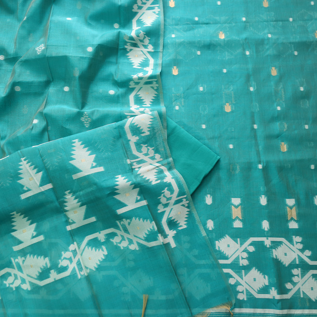 Tejasvi Aqua Cyan Blue Authentic Jamdani Weaved Detailing Suit Set