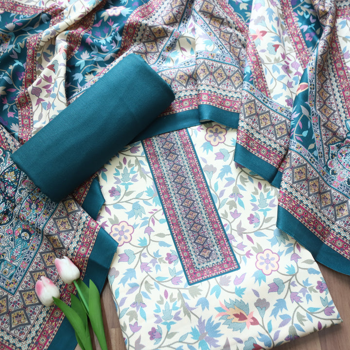 Swaroop White with Teal Kashmiri Printed Semi Pashmin Winter Set