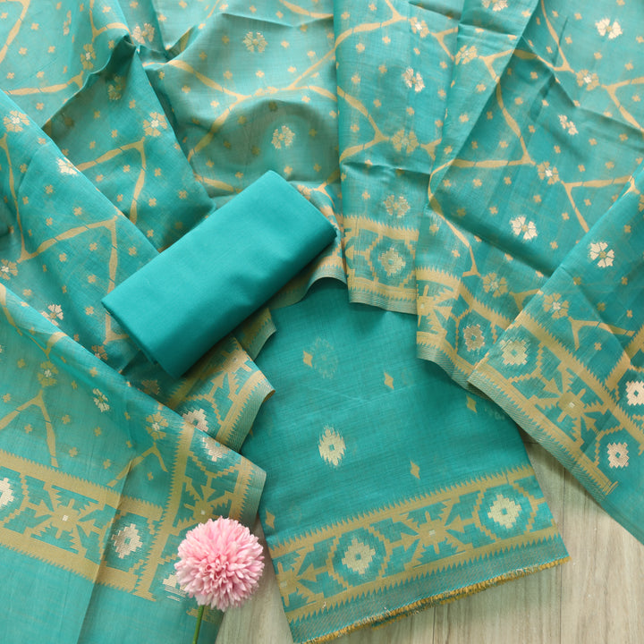 Rubaaroo Aqua Blue Teal Authentic Jamdani Weaved Hem Suit Set