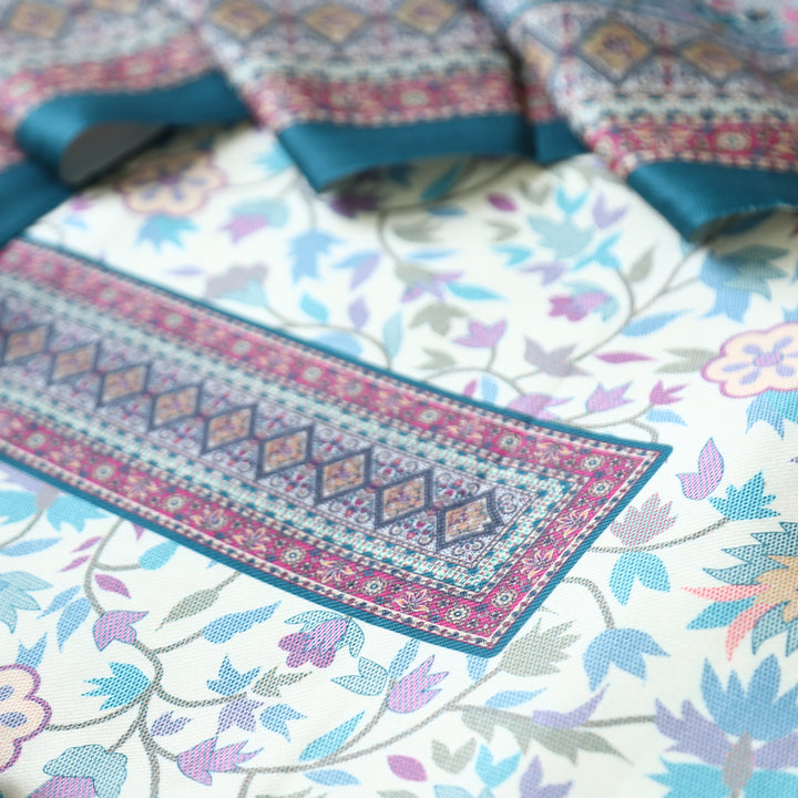 Swaroop White with Teal Kashmiri Printed Semi Pashmin Winter Set