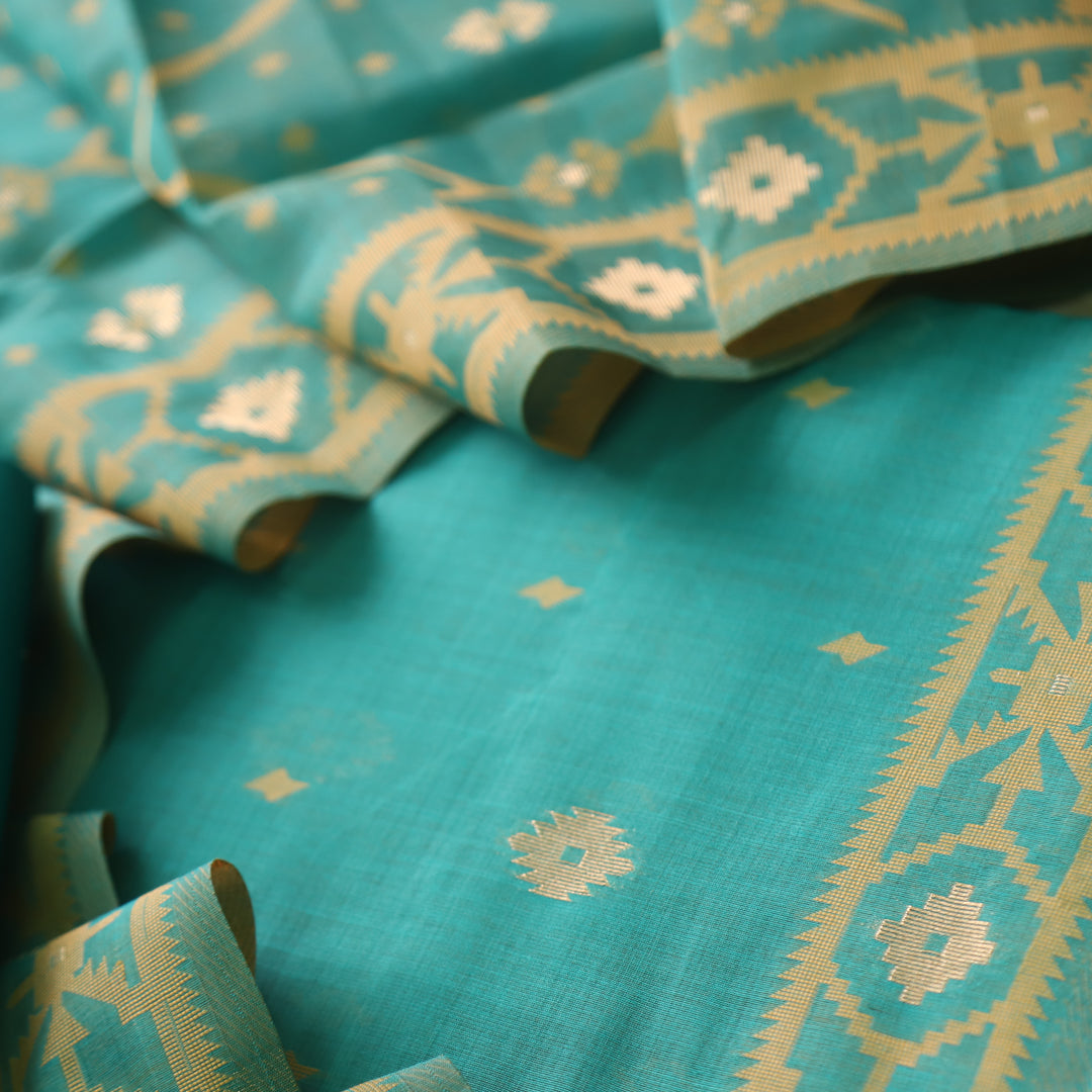 Rubaaroo Aqua Blue Teal Authentic Jamdani Weaved Hem Suit Set