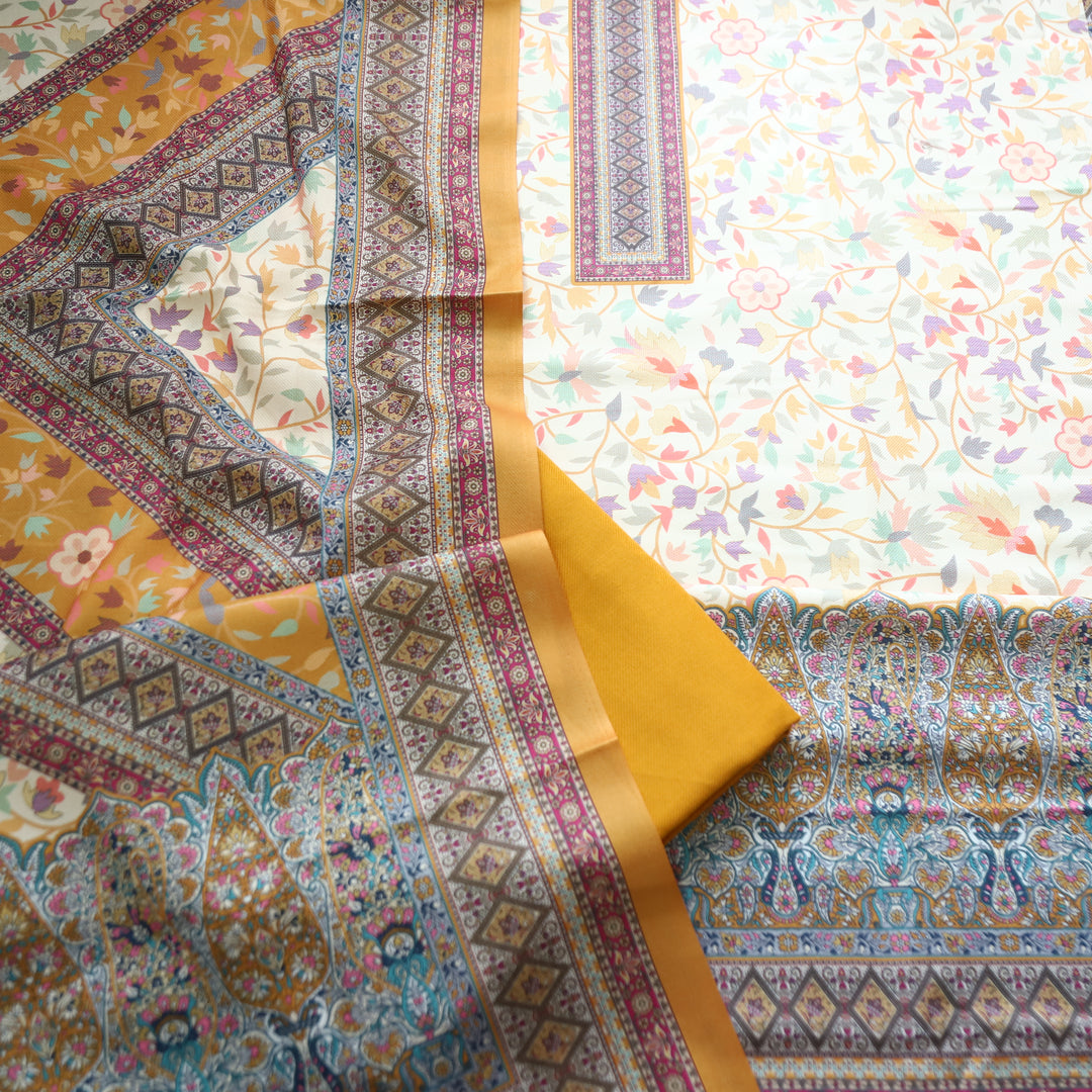 Swaroop White with Yellow Kashmiri Printed Semi Pashmin Winter Set