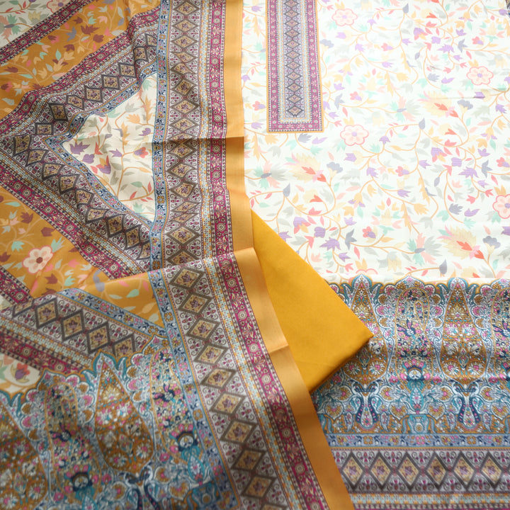 Swaroop White with Yellow Kashmiri Printed Semi Pashmin Winter Set