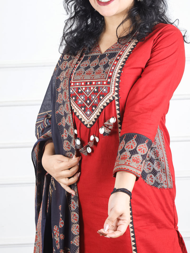 Swaroop Berry Red Ajrak Patch with Shell Work Panel Cotton 3 Piece Set with Pocket