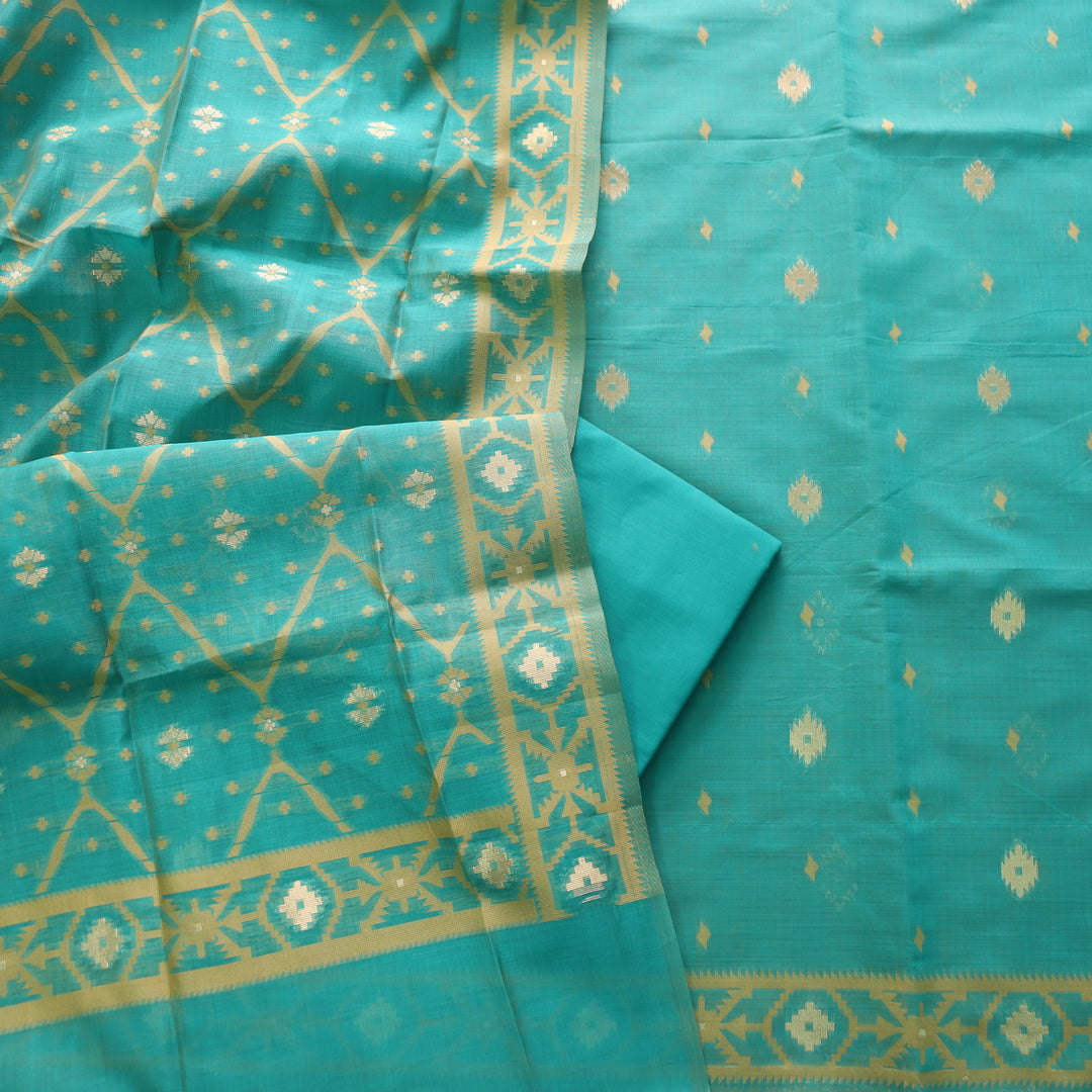 Rubaaroo Aqua Blue Teal Authentic Jamdani Weaved Hem Suit Set