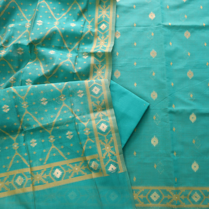 Rubaaroo Aqua Blue Teal Authentic Jamdani Weaved Hem Suit Set