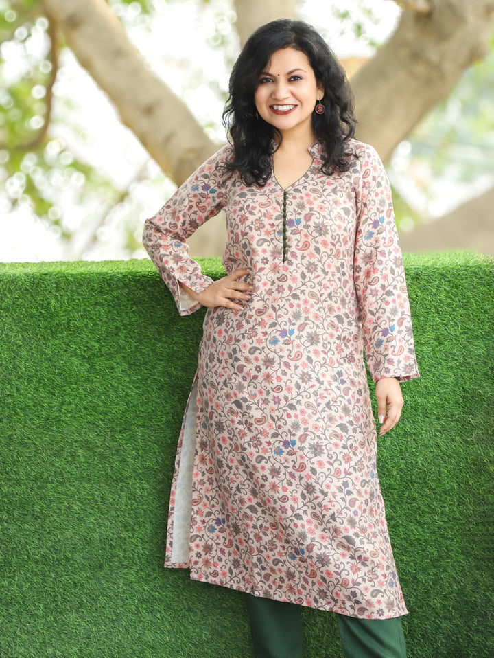 Jhanvi Beige with Green Kanni Printed with Potli Button Winter Semi Pashmina Kurti