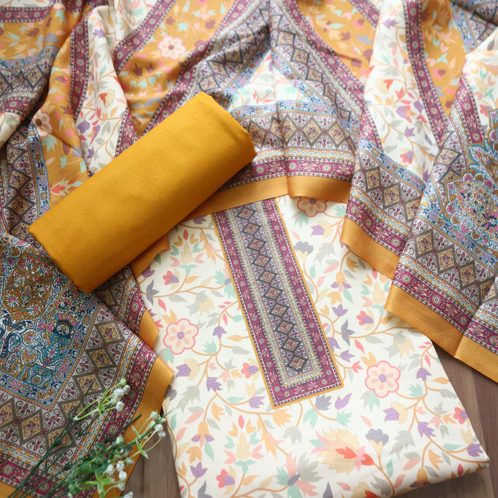 Swaroop White with Yellow Kashmiri Printed Semi Pashmin Winter Set