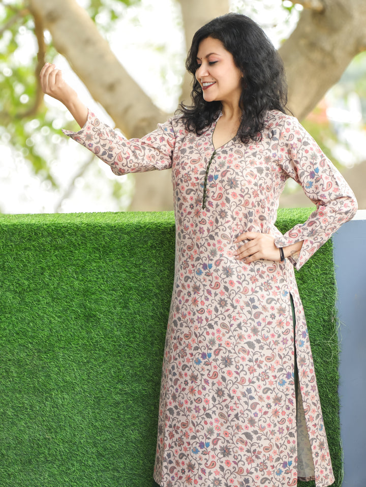 Jhanvi Beige with Green Kanni Printed with Potli Button Winter Semi Pashmina Kurti