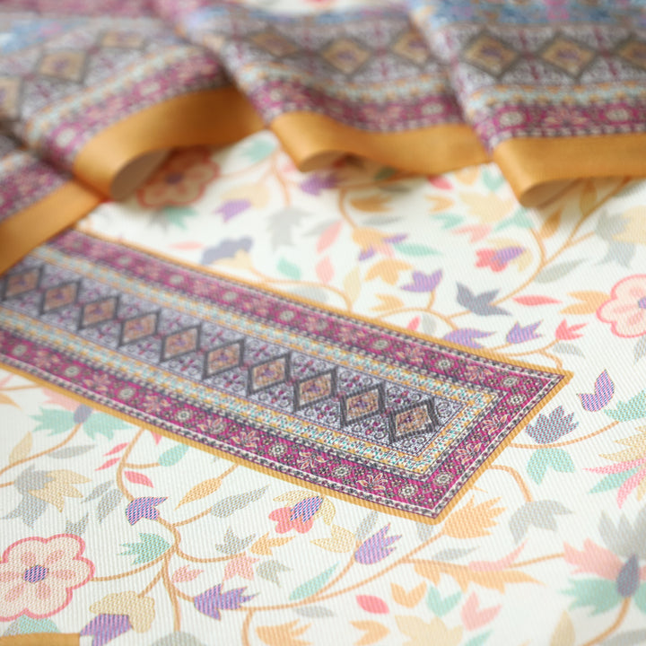 Swaroop White with Yellow Kashmiri Printed Semi Pashmin Winter Set
