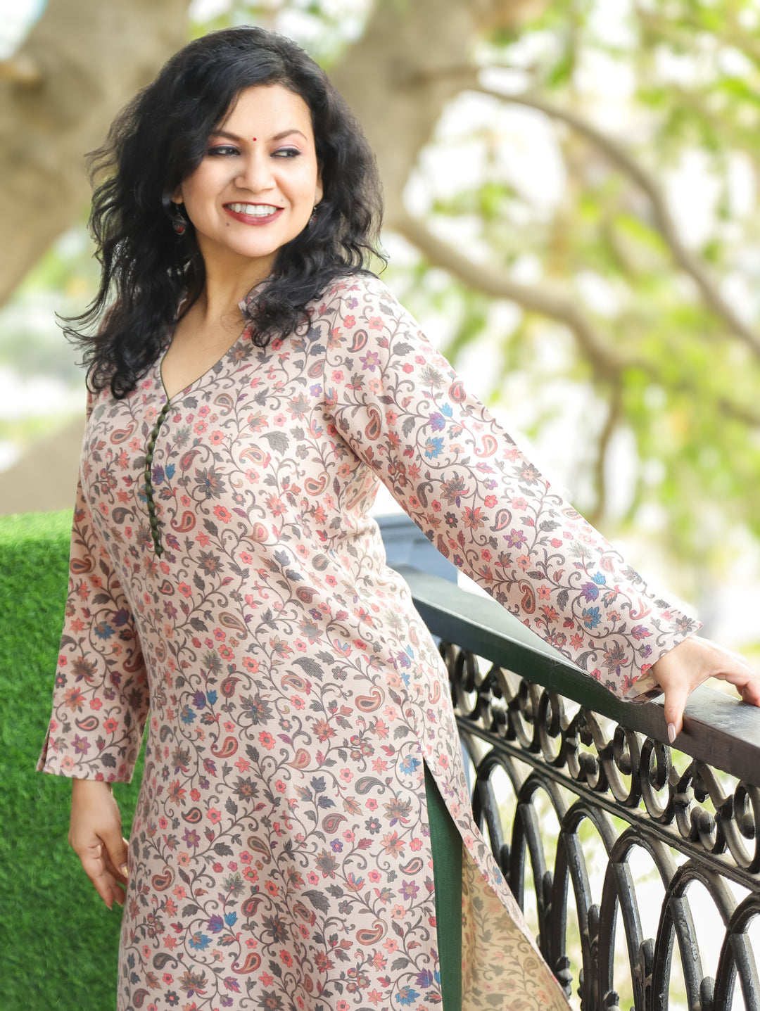 Jhanvi Beige with Green Kanni Printed with Potli Button Winter Semi Pashmina Kurti