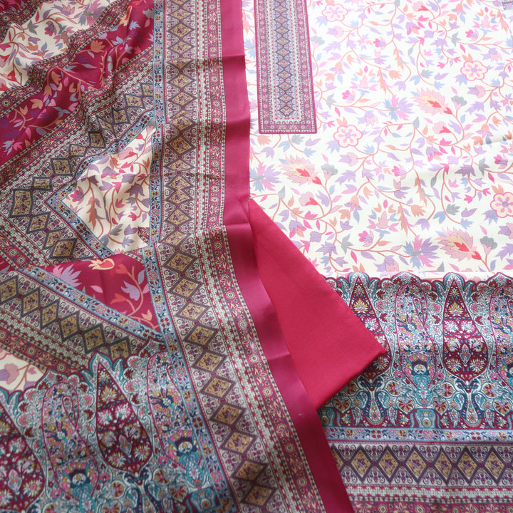 Swaroop White with Pink Kashmiri Printed Semi Pashmin Winter Set