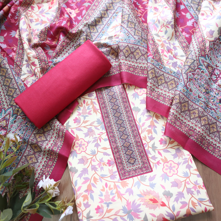 Swaroop White with Pink Kashmiri Printed Semi Pashmin Winter Set