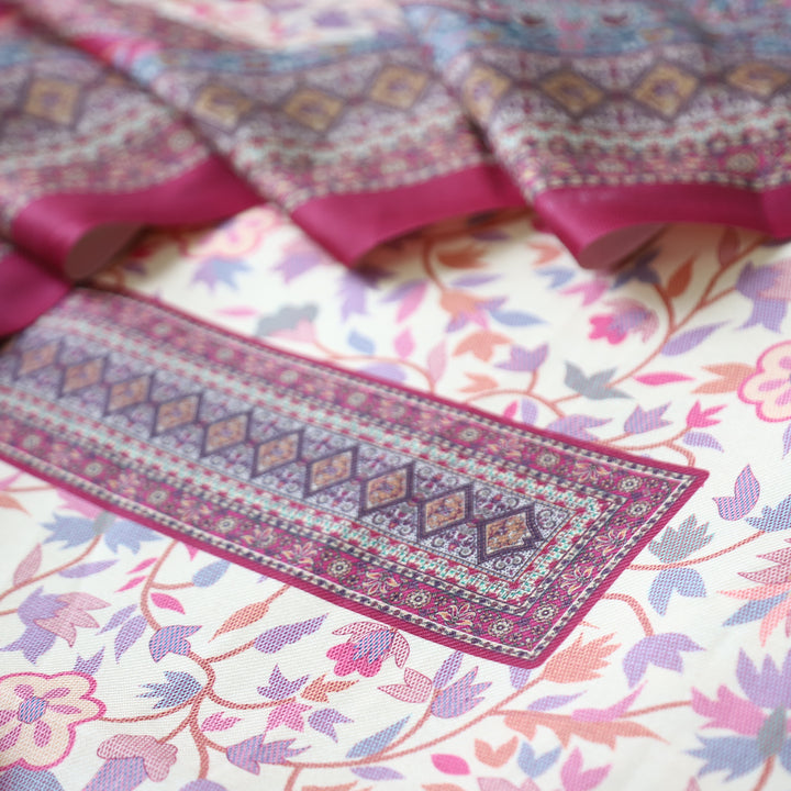 Swaroop White with Pink Kashmiri Printed Semi Pashmin Winter Set
