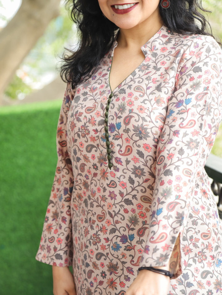 Jhanvi Beige with Green Kanni Printed with Potli Button Winter Semi Pashmina Kurti