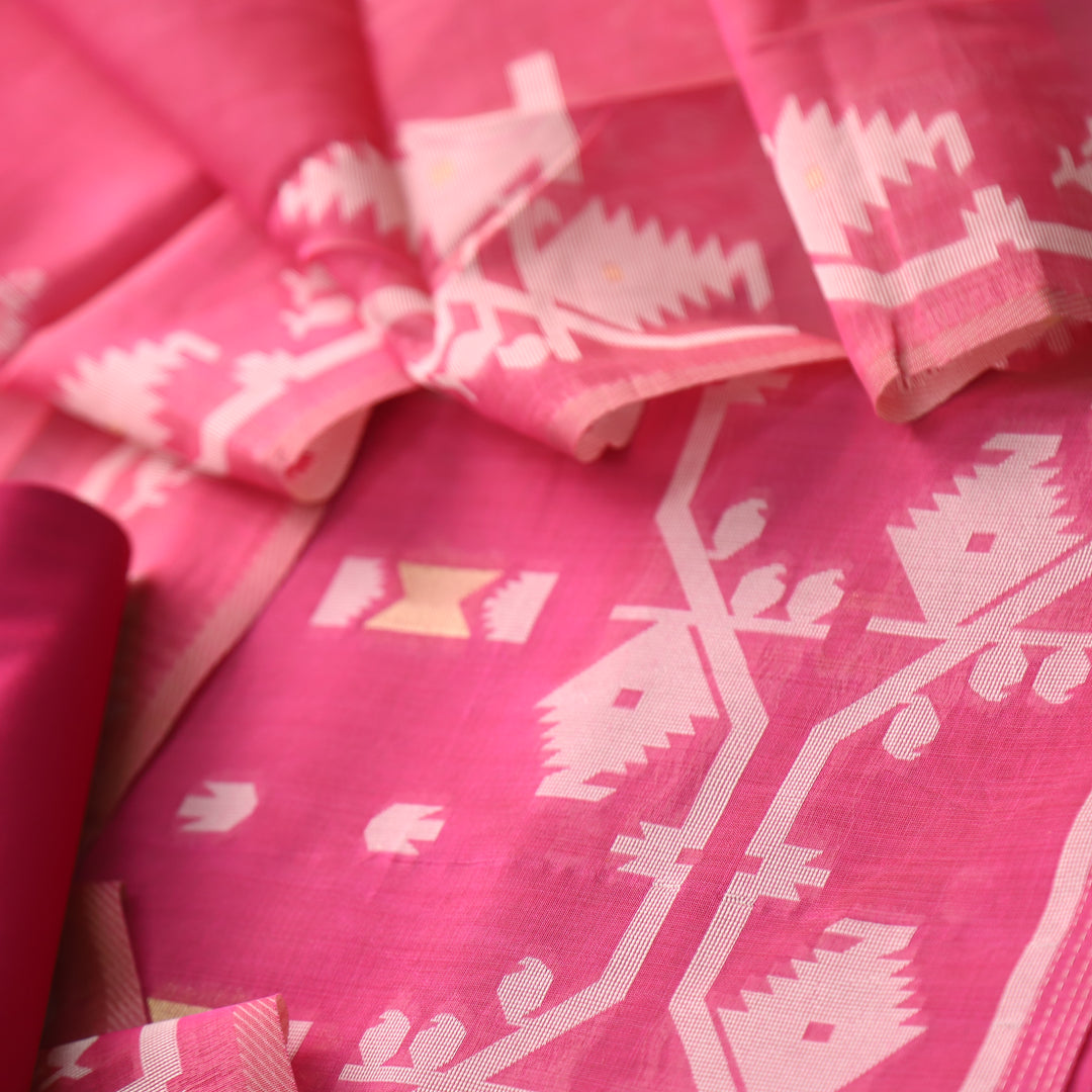 Tejasvi Hot Pink Authentic Jamdani Weaved Detailing Suit Set