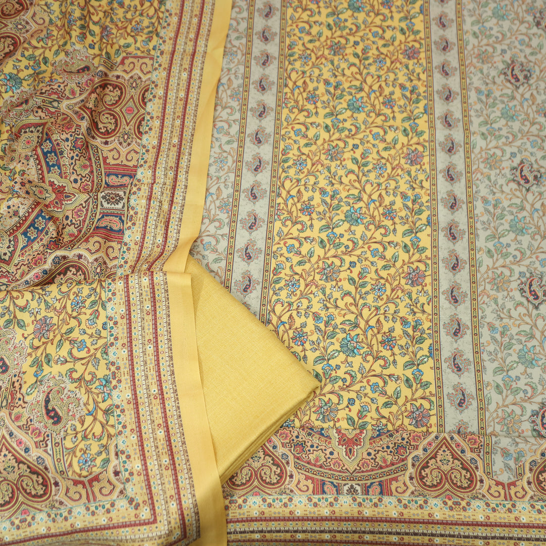 Raashi Butter Yellow Panel Styel Digitial Kashmiri Print Semi Pashmina Winter Set