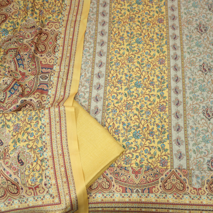 Raashi Butter Yellow Panel Styel Digitial Kashmiri Print Semi Pashmina Winter Set