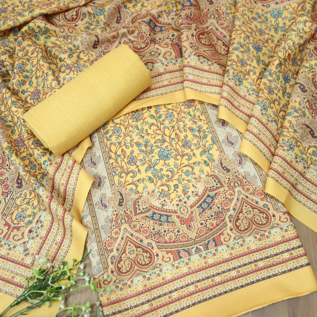 Raashi Butter Yellow Panel Styel Digitial Kashmiri Print Semi Pashmina Winter Set