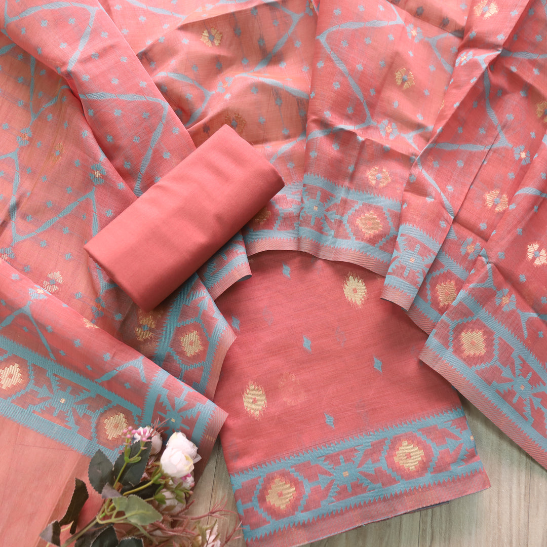 Rubaaroo Coral Peach Authentic Jamdani Weaved Hem Suit Set