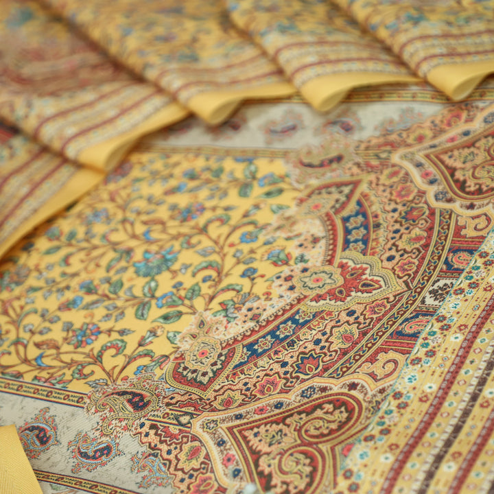 Raashi Butter Yellow Panel Styel Digitial Kashmiri Print Semi Pashmina Winter Set