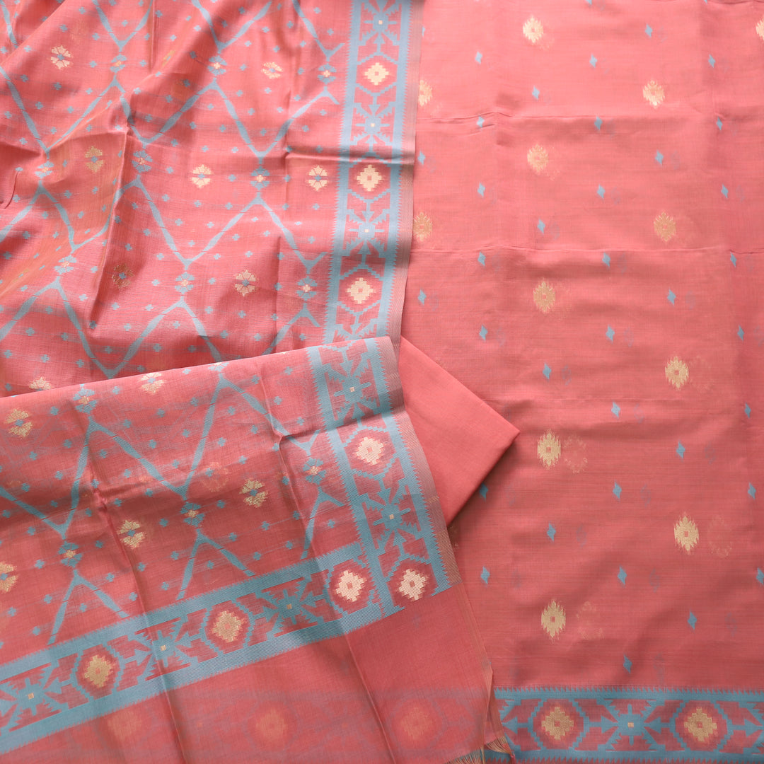 Rubaaroo Coral Peach Authentic Jamdani Weaved Hem Suit Set