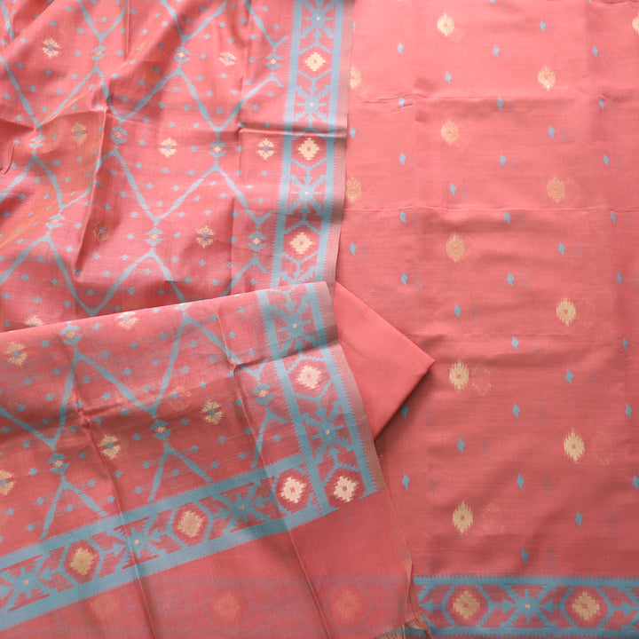 Rubaaroo Coral Peach Authentic Jamdani Weaved Hem Suit Set