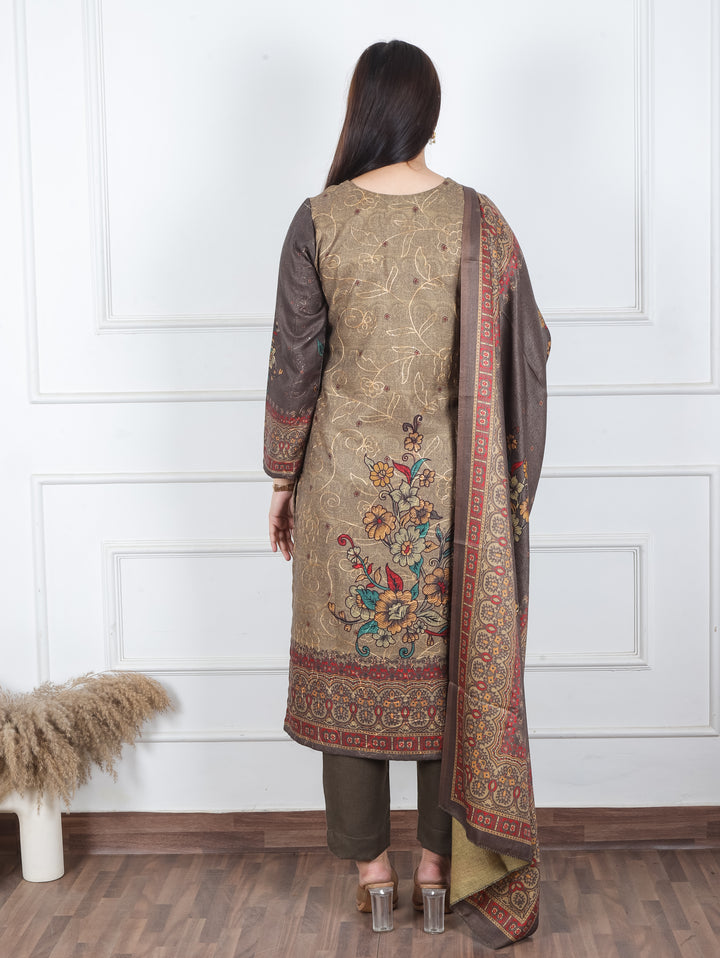 Alisha Hazel Tan Digital Floral Printed with Thread Weaved Semi Pashmina 3 Piece Set