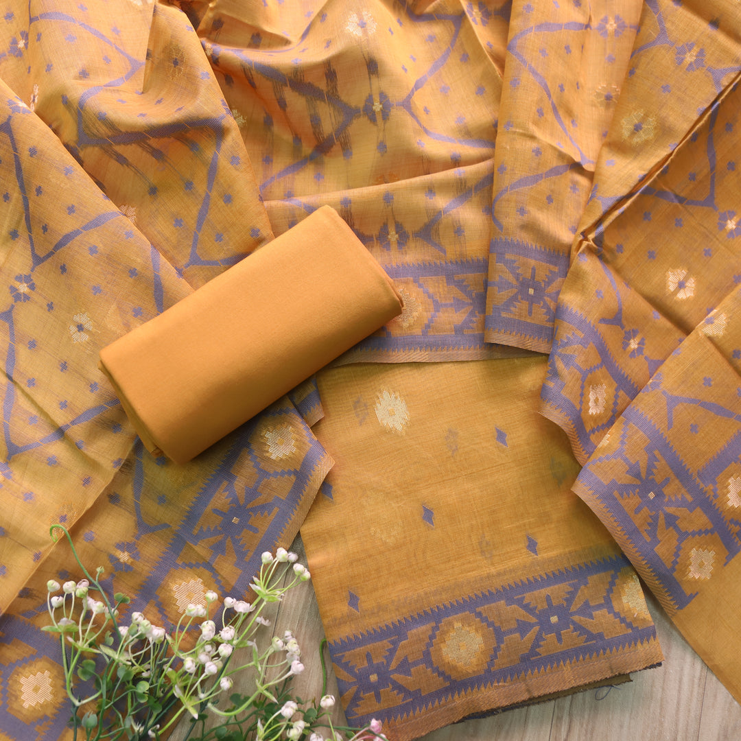 Rubaaroo Dandelion Yellow Authentic Jamdani Weaved Hem Suit Set