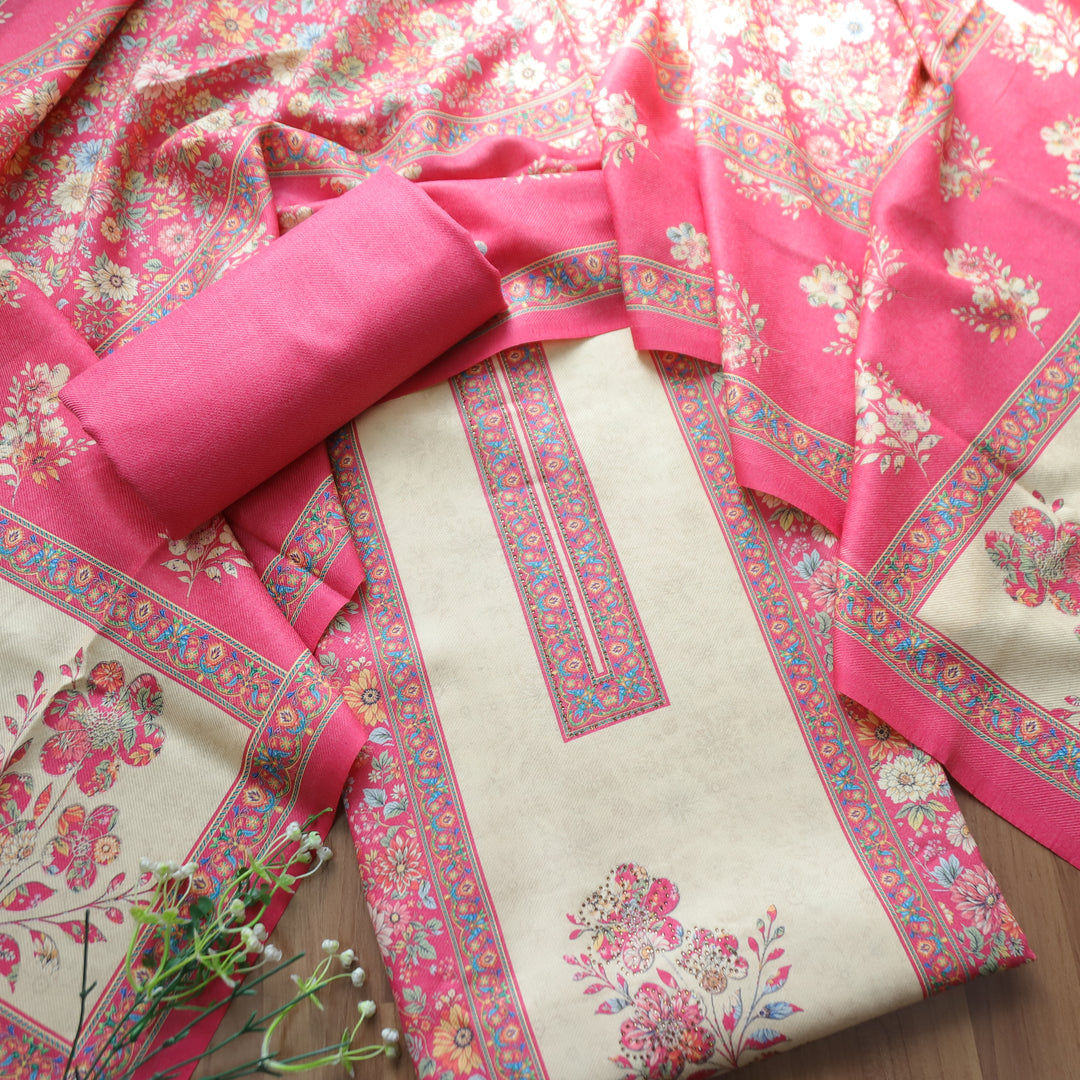 Mayuri Punch Pink Panel Style Kashmiri Printed Semi Pashmina Winter Set