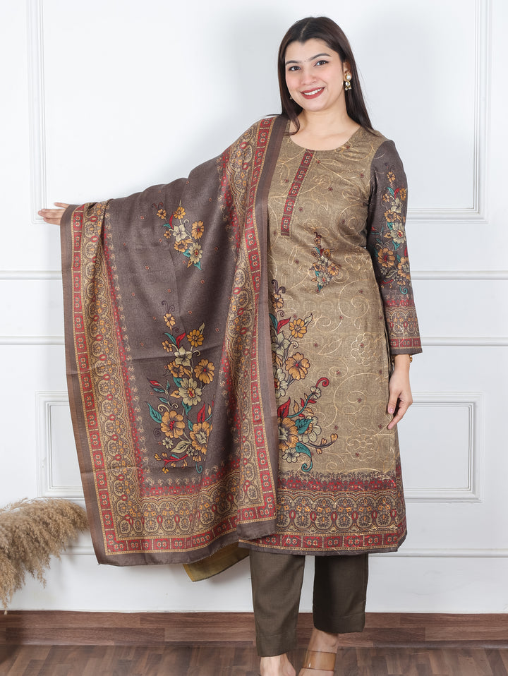 Alisha Hazel Tan Digital Floral Printed with Thread Weaved Semi Pashmina 3 Piece Set