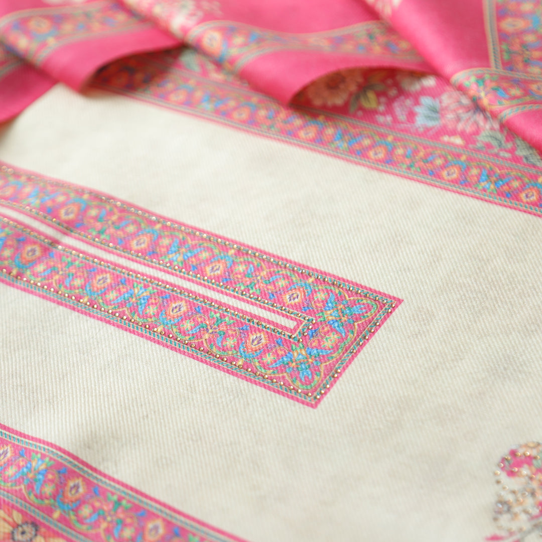 Mayuri Punch Pink Panel Style Kashmiri Printed Semi Pashmina Winter Set