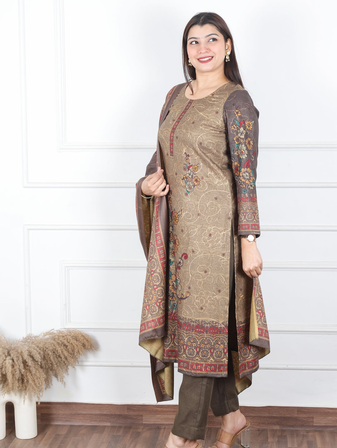 Alisha Hazel Tan Digital Floral Printed with Thread Weaved Semi Pashmina 3 Piece Set