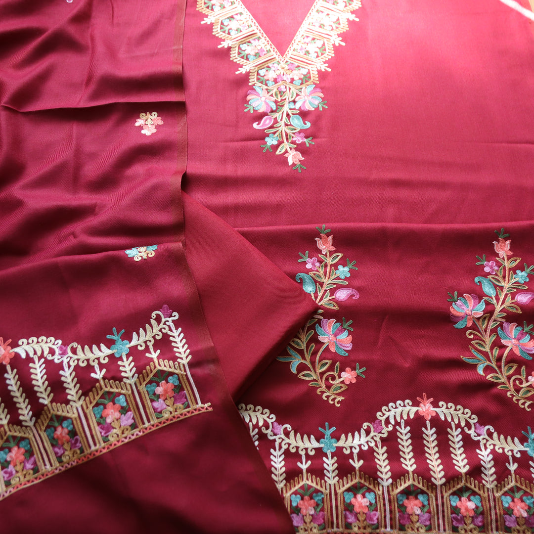 Aastha Burgundy Wine Elegant Kashida Embroidery Semi Pashmina Winter Set