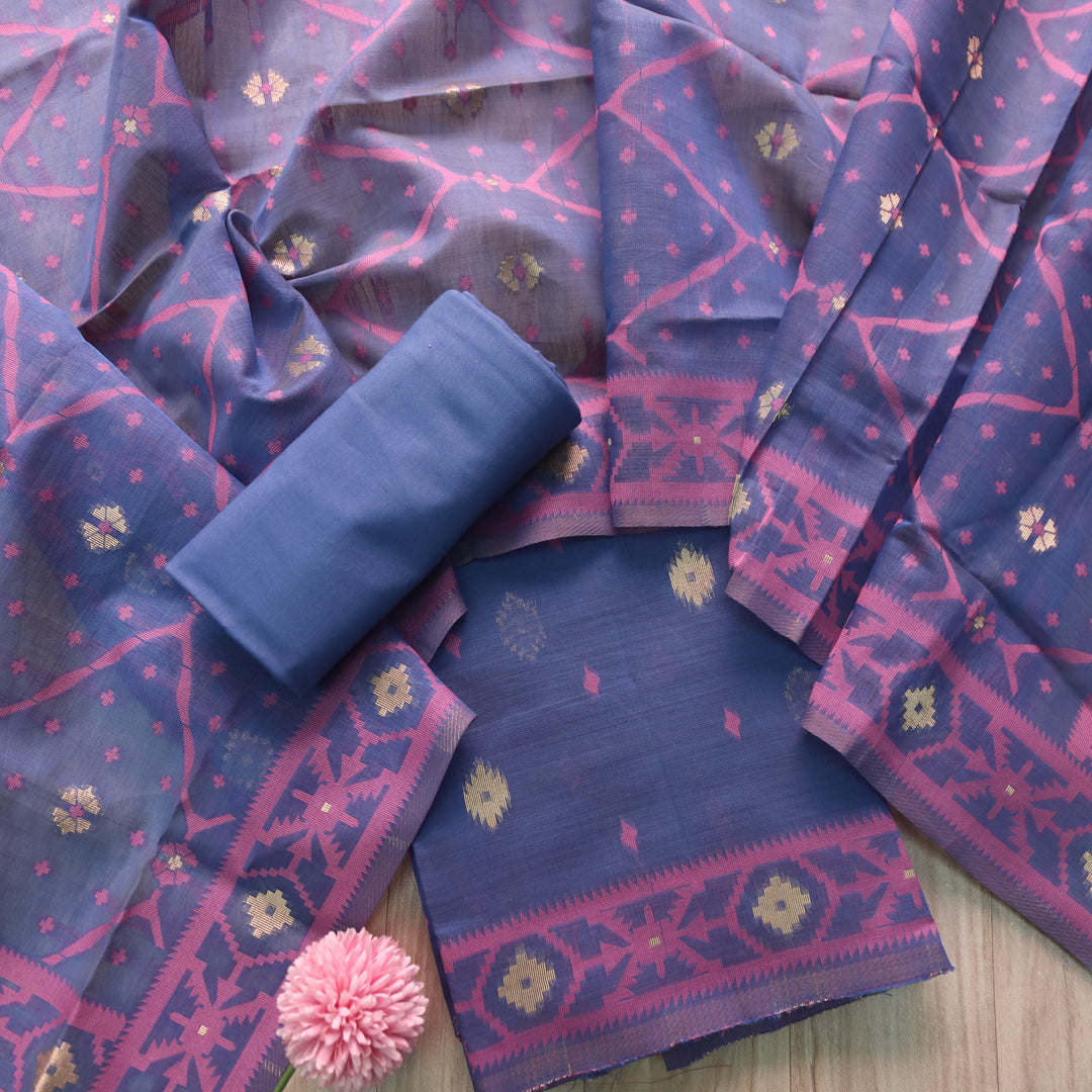 Rubaaroo Royal Blue Authentic Jamdani Weaved Hem Suit Set