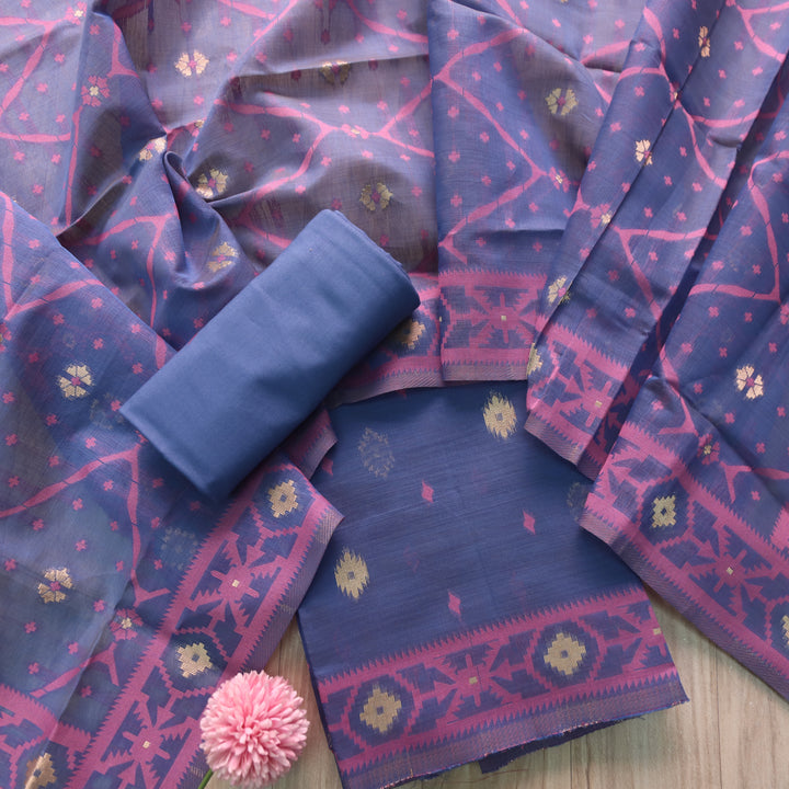 Rubaaroo Royal Blue Authentic Jamdani Weaved Hem Suit Set