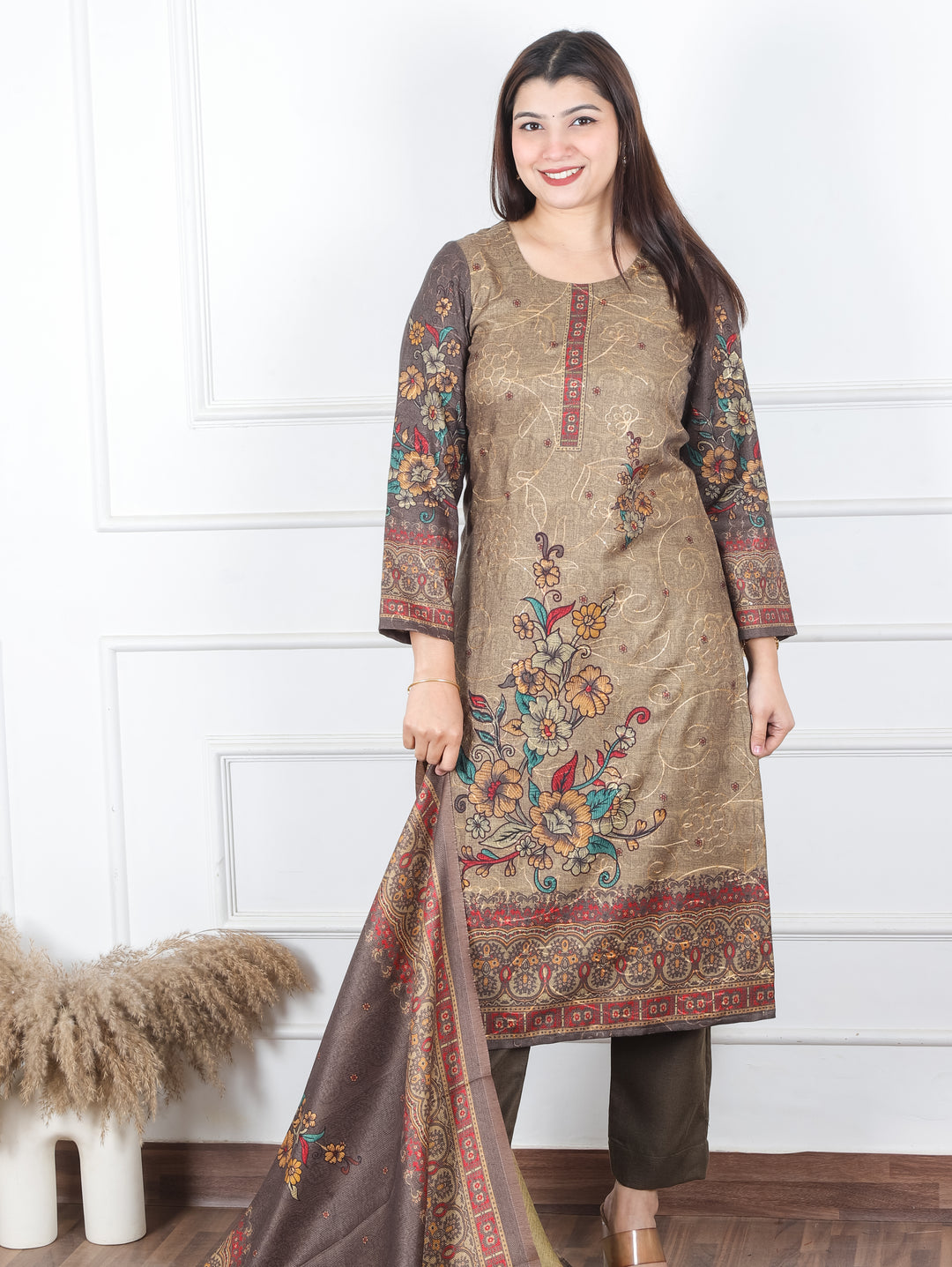 Alisha Hazel Tan Digital Floral Printed with Thread Weaved Semi Pashmina 3 Piece Set
