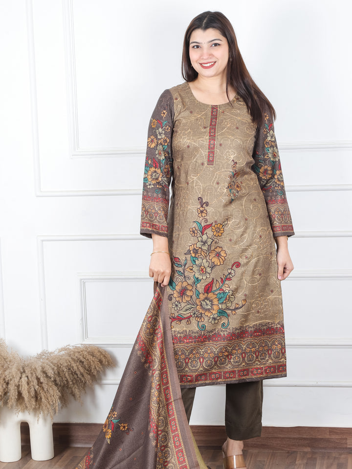 Alisha Hazel Tan Digital Floral Printed with Thread Weaved Semi Pashmina 3 Piece Set