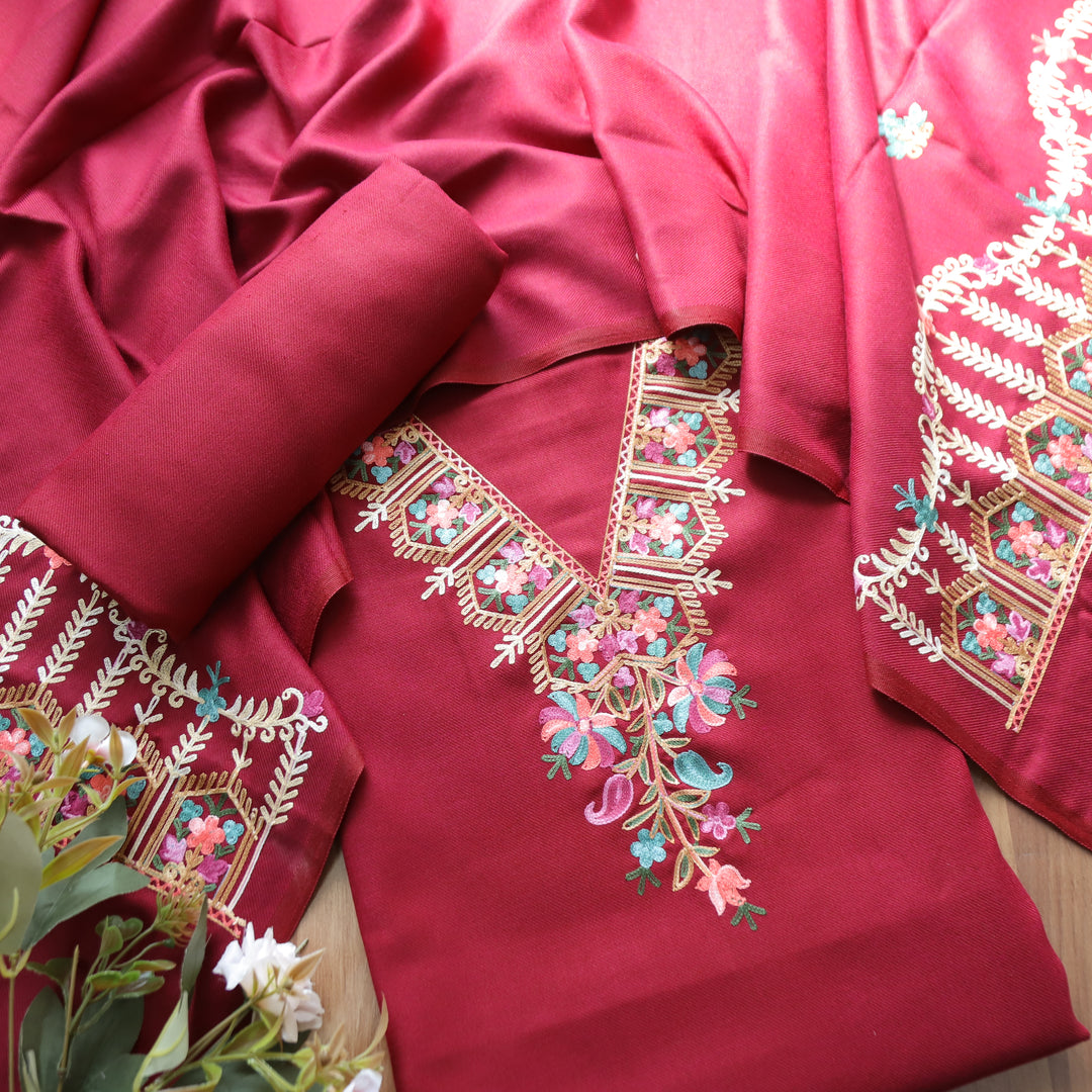 Aastha Burgundy Wine Elegant Kashida Embroidery Semi Pashmina Winter Set