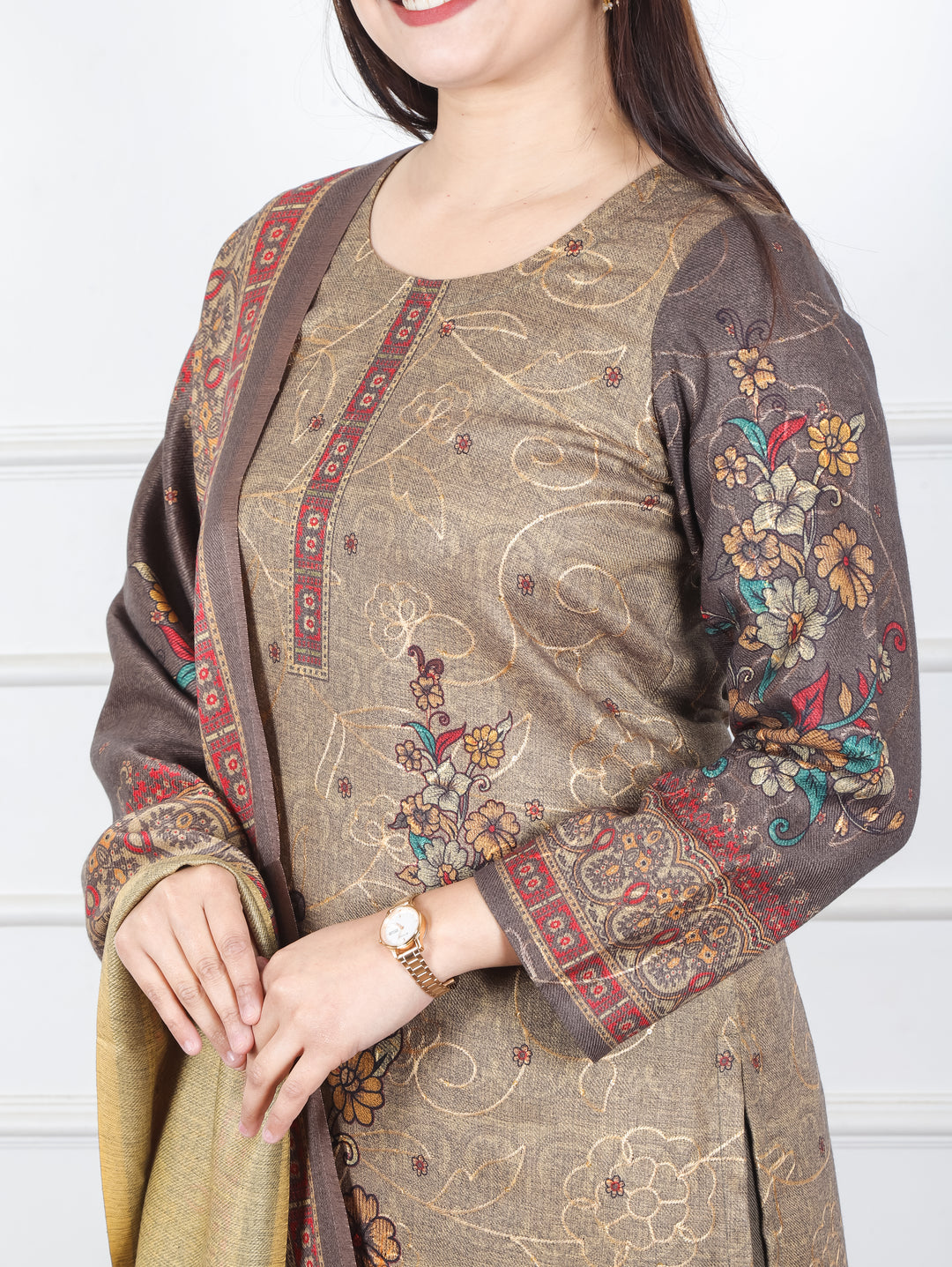 Alisha Hazel Tan Digital Floral Printed with Thread Weaved Semi Pashmina 3 Piece Set