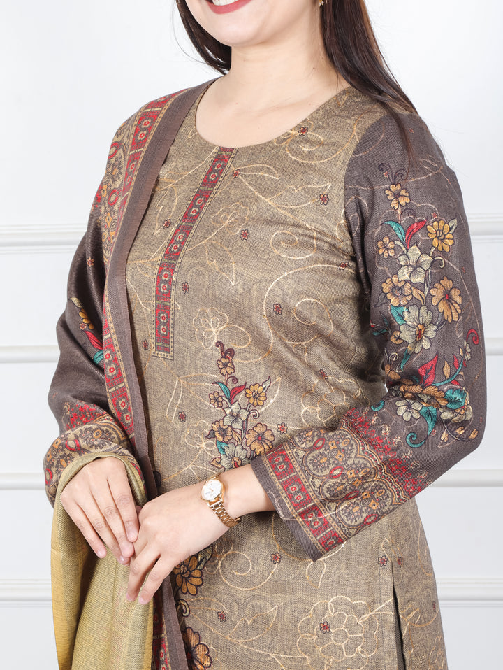 Alisha Hazel Tan Digital Floral Printed with Thread Weaved Semi Pashmina 3 Piece Set