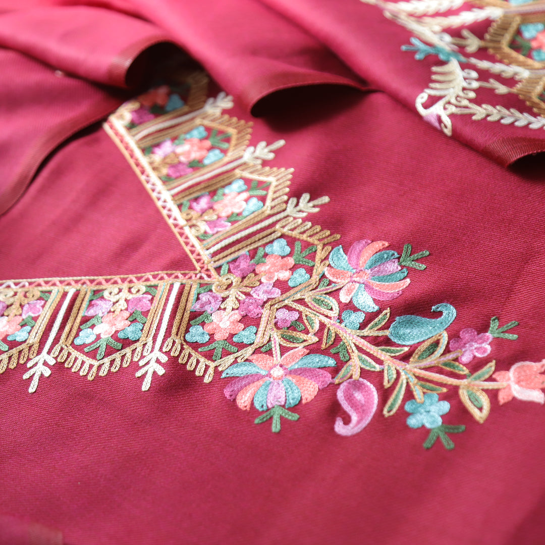 Aastha Burgundy Wine Elegant Kashida Embroidery Semi Pashmina Winter Set