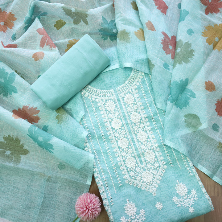 Farista Aqua Teal Thread Embroidered Neck Work Printed Cotton Linen Set