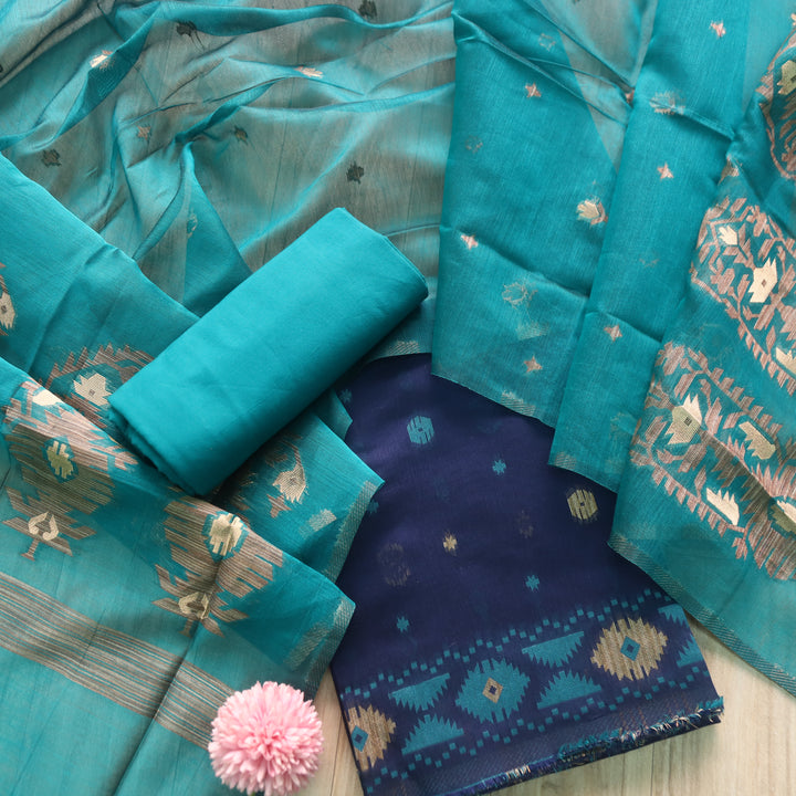 Khayal Royal Blue in Zari with Authentic Jamdani Top and Dupatta Suit Set
