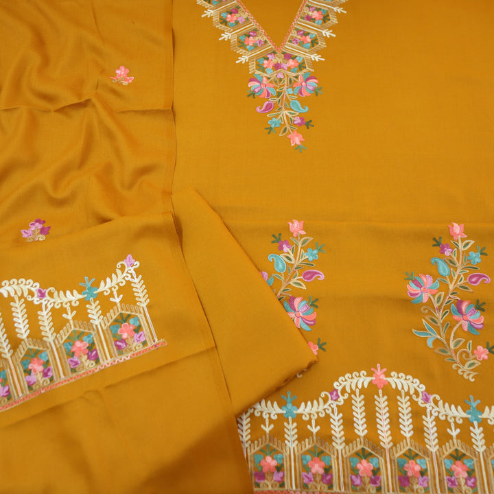 Aastha Dandelion Yellow Elegant Kashida Embroidery Semi Pashmina Winter Set