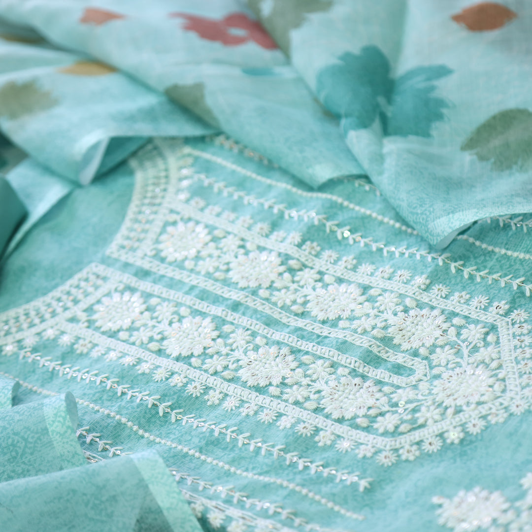 Farista Aqua Teal Thread Embroidered Neck Work Printed Cotton Linen Set