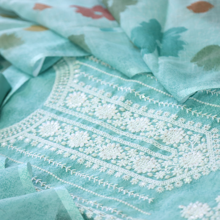 Farista Aqua Teal Thread Embroidered Neck Work Printed Cotton Linen Set