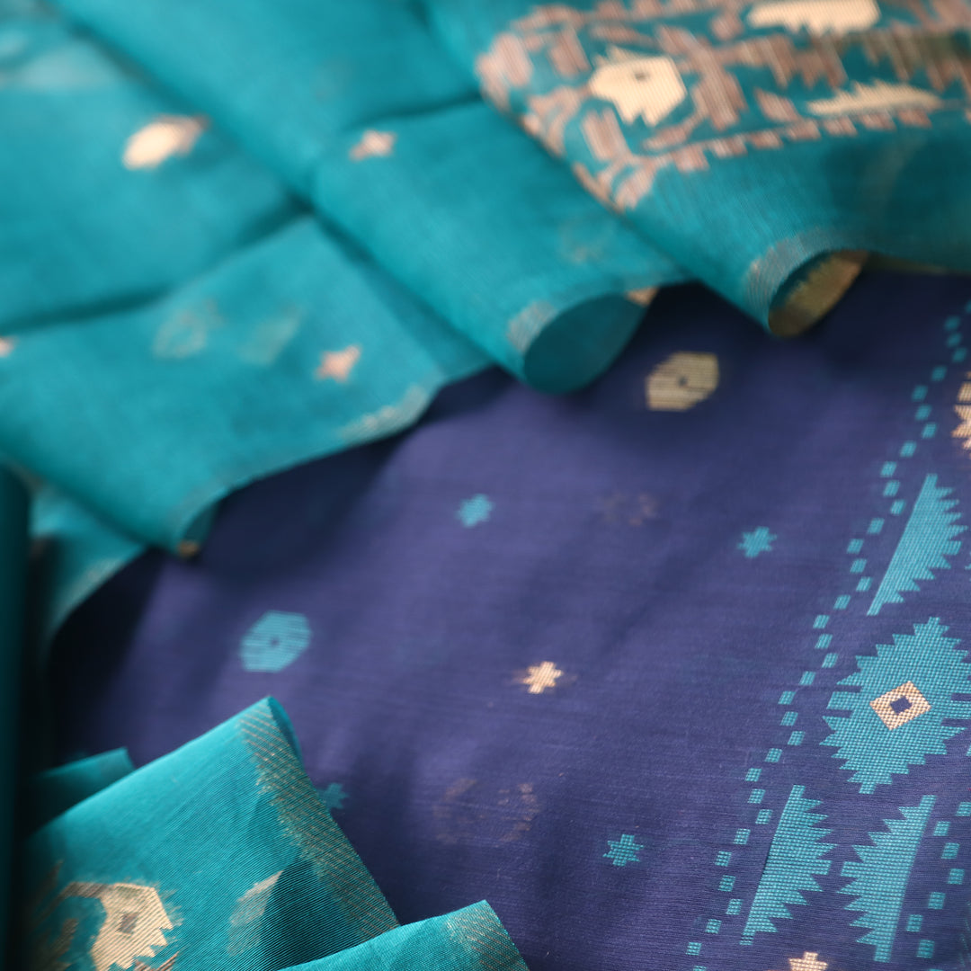 Khayal Royal Blue in Zari with Authentic Jamdani Top and Dupatta Suit Set