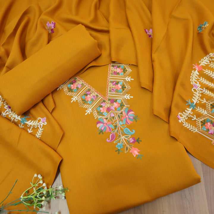 Aastha Dandelion Yellow Elegant Kashida Embroidery Semi Pashmina Winter Set