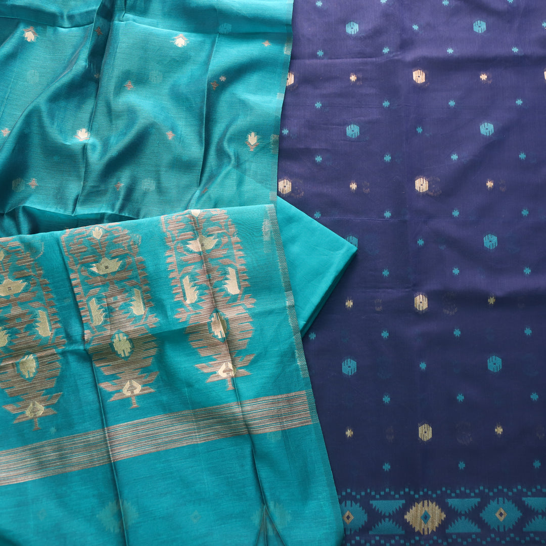 Khayal Royal Blue in Zari with Authentic Jamdani Top and Dupatta Suit Set